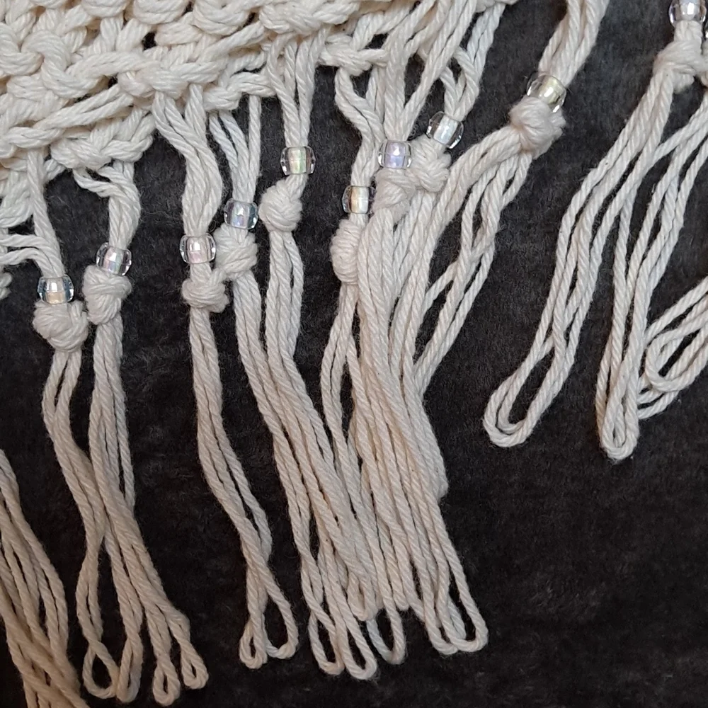 Handmade Cream Beaded Fringe Boho Coastal Grandma Shawl Wrap